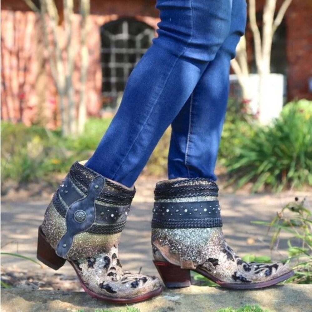 Corral Boots- Glitter and sequins flipped shaft ankle boots